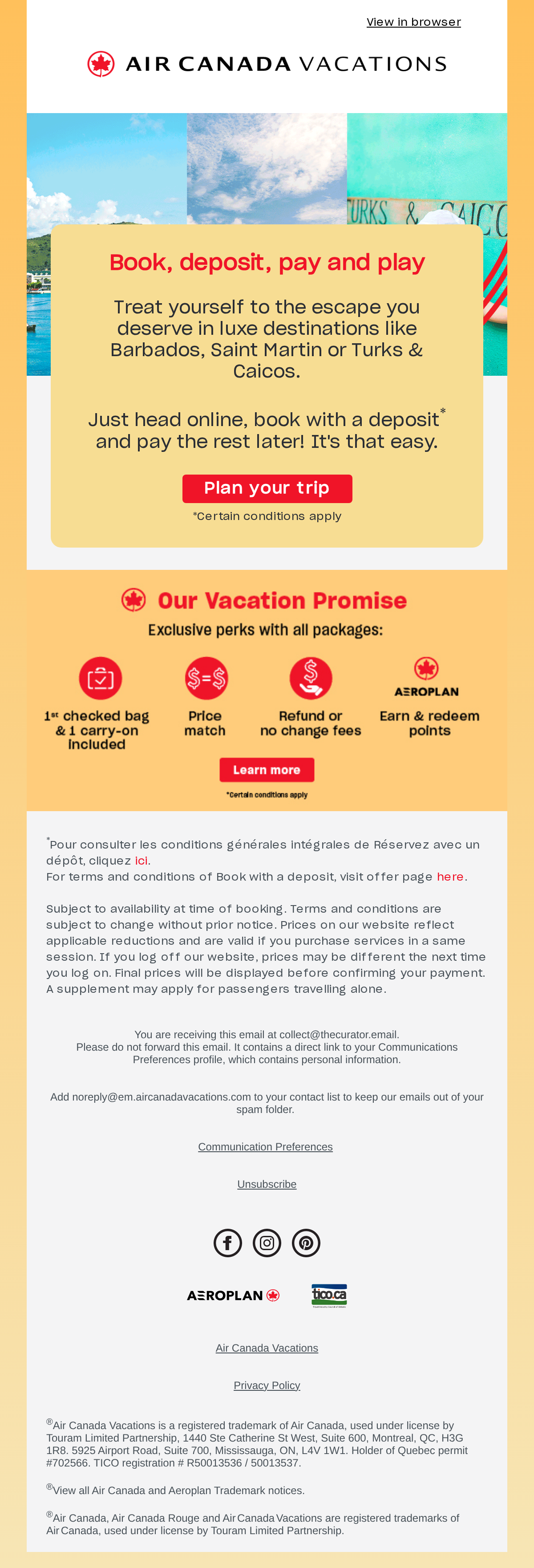 Lock in your next escape with just a deposit 🏖️🧳🕶️ - email email from Air Canada Vacations