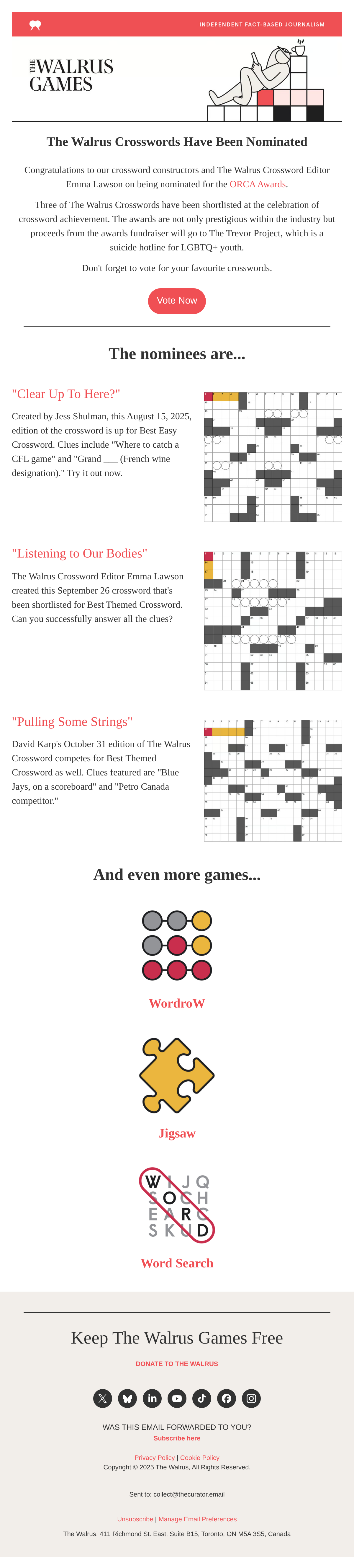 Our Crosswords Have Been Nominated - email email from The Walrus