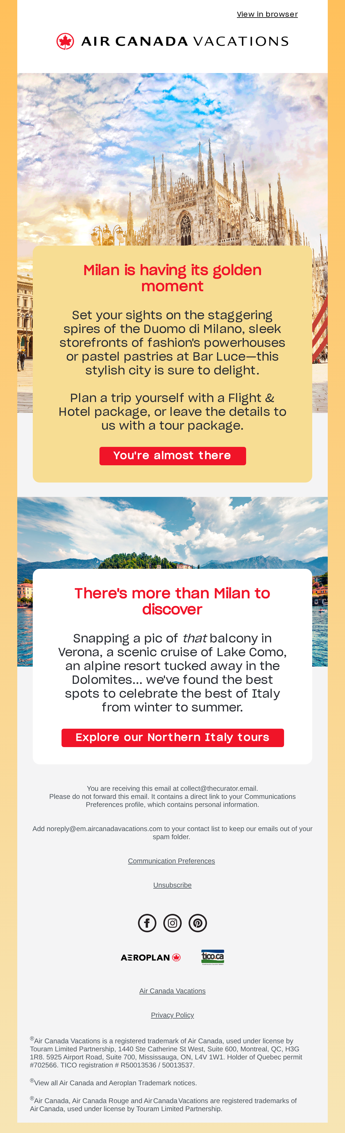 Milan on your mind?⛷️ - email email from Air Canada Vacations