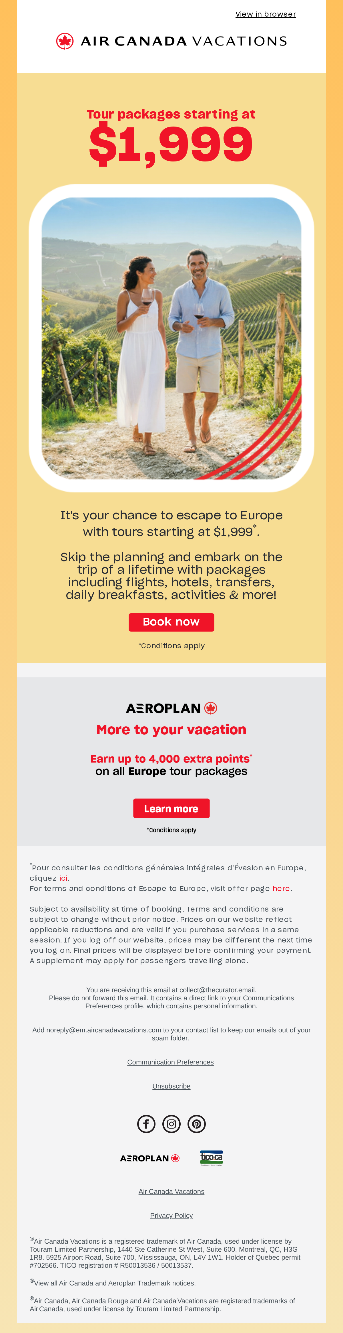 Europe tours starting at $1,999 🏰🍷 - email email from Air Canada Vacations
