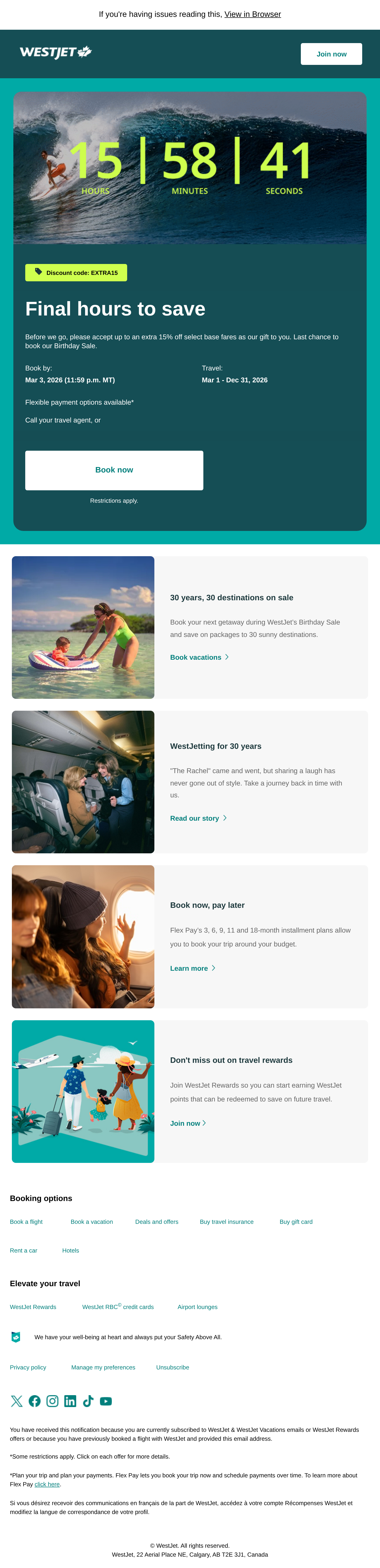 NEW OFFER ADDED: Birthday Sale Finale - email email from WestJet