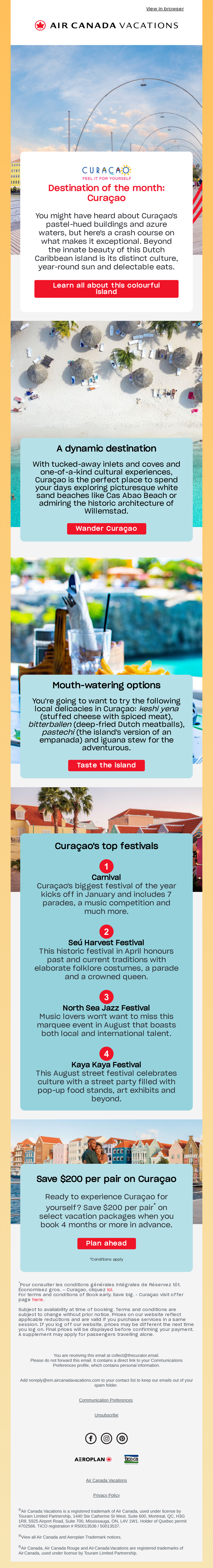 Destination of the month: Curaçao 💎🏝️ - email email from Air Canada Vacations