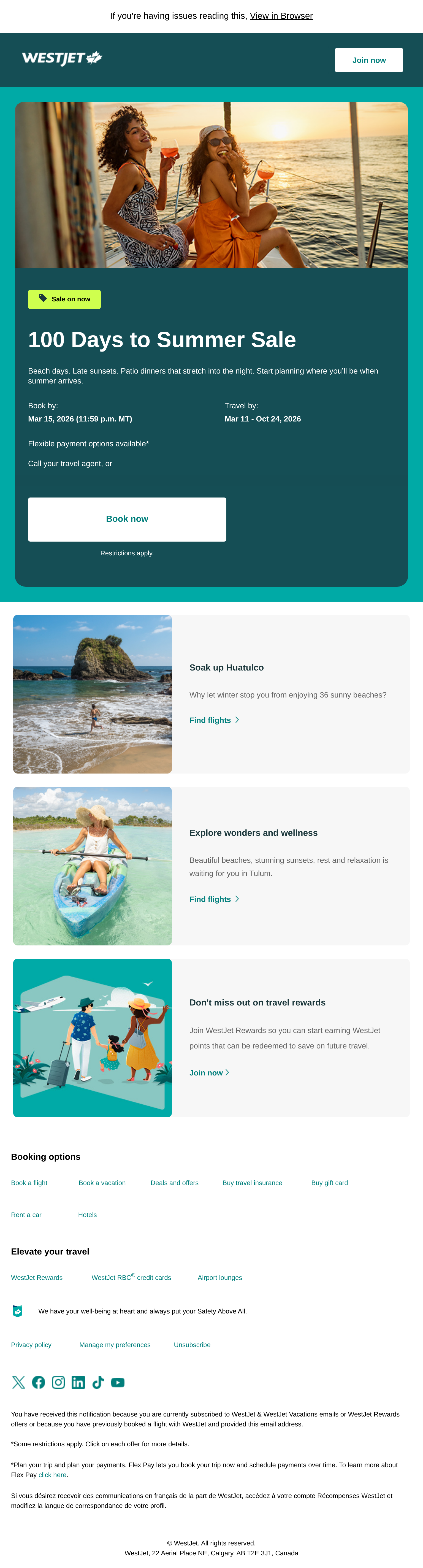 The 100 Days to Summer Sale starts now - email email from WestJet