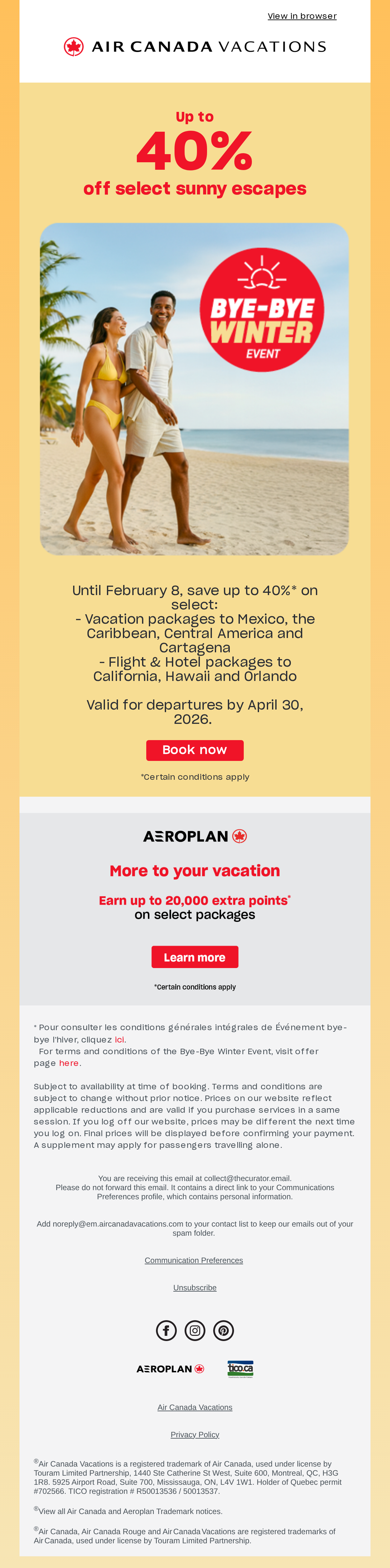 Up to 40% off select sunny escapes πποΈ - email email from Air Canada Vacations